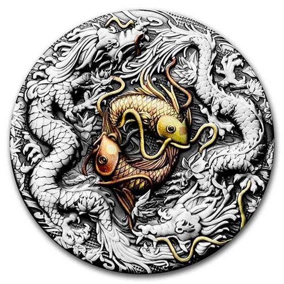 2021 Tuvalu 2 oz Silver Double Dragon Yin Yang Koi (Antiqued)
