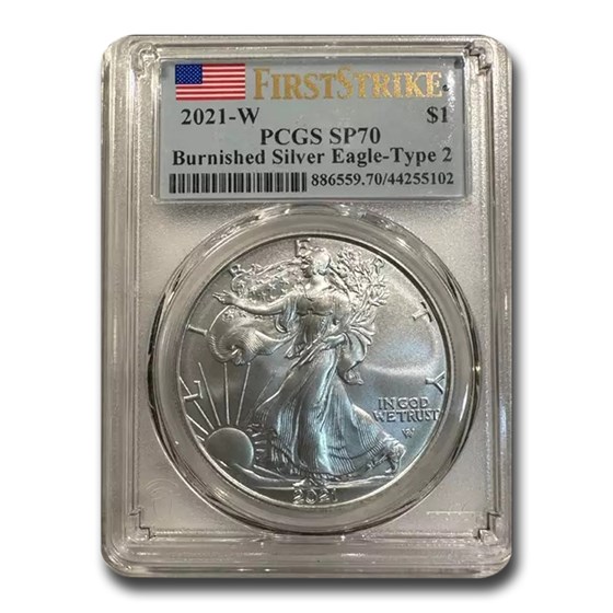 2021-W Burnished American Silver Eagle (Type 2) SP-70 PCGS (FS) 2021-W Burnished American Silver Eagle (Type 2) SP-70 PCGS (FS)
