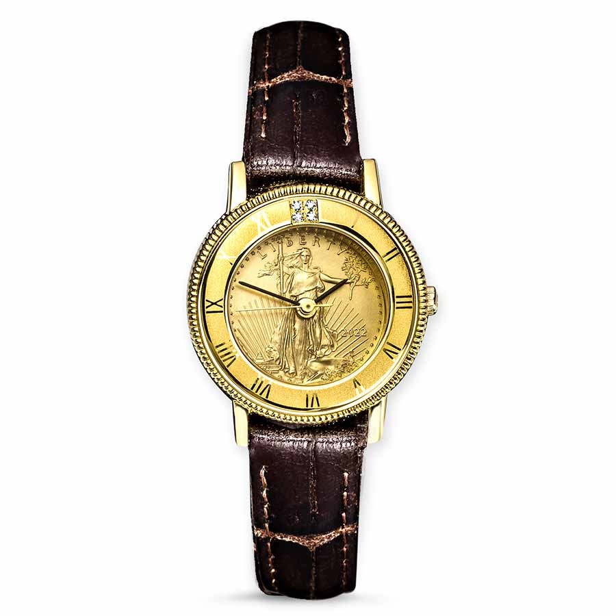 2022 1/10 oz Gold American Eagle Leather Band Watch w/ Diamonds