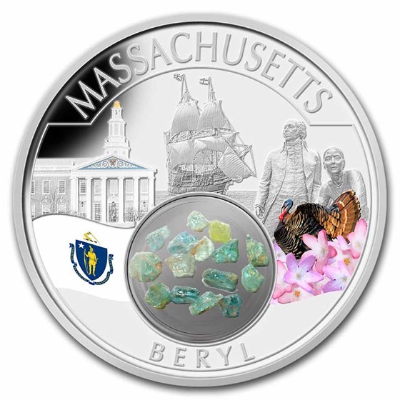 2022 1 oz Ag Treasures of the U.S. Massachusetts Beryl (Color)