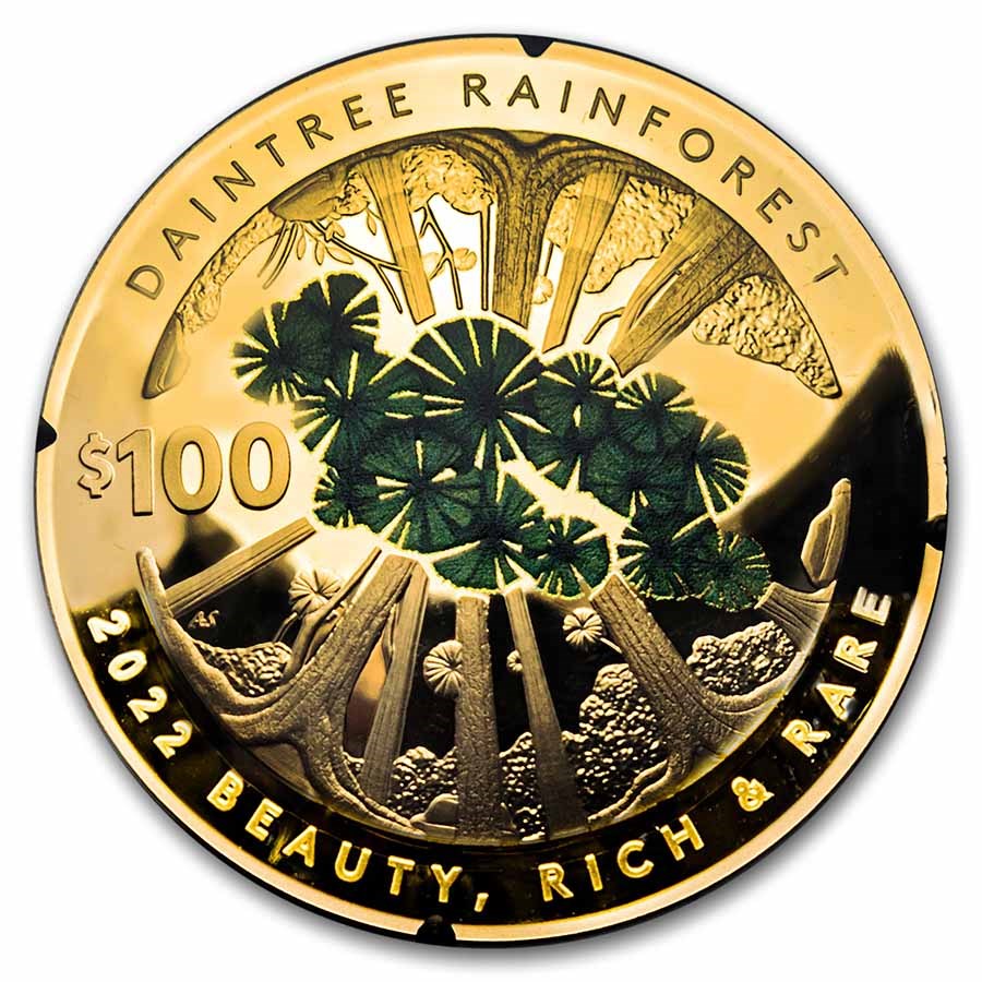 2022 1 oz Gold $100 Australia Rainforest Domed Proof (Box & COA)