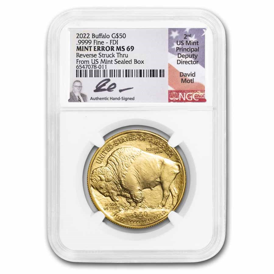 2022 1 oz Gold Buffalo MS-69 NGC (FDI, Rev Struck Thru, Motl)