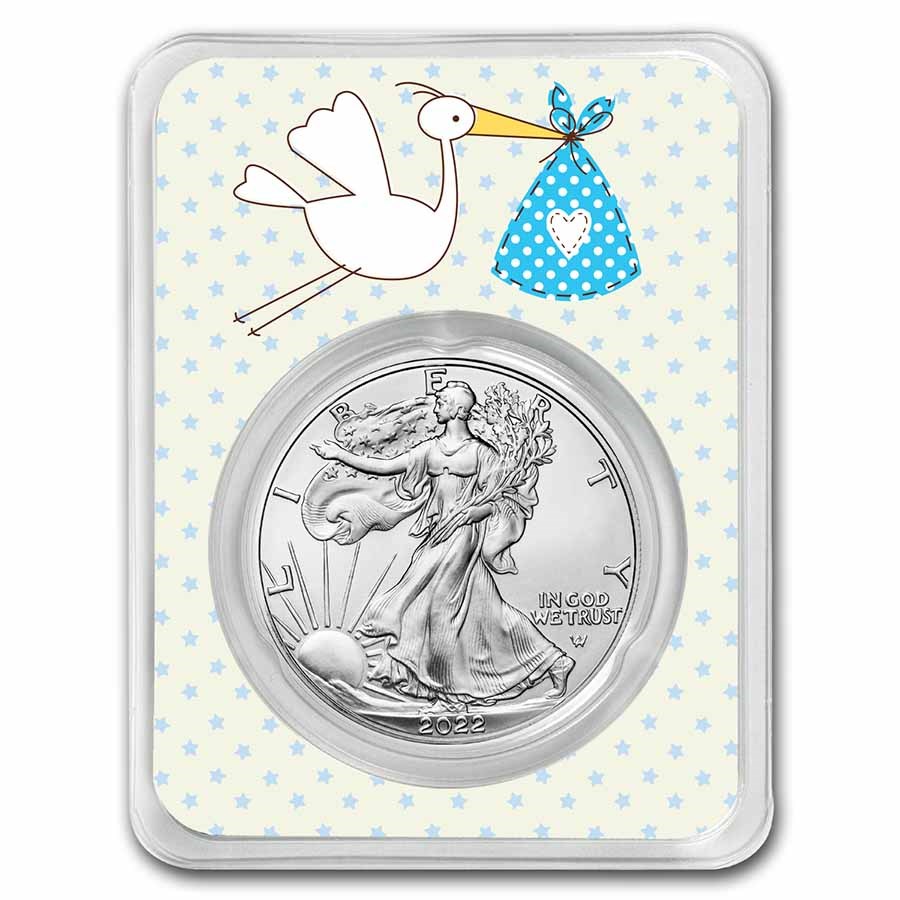 2022 1 oz Silver Eagle - w/"It's A Boy", Stork Card, In TEP