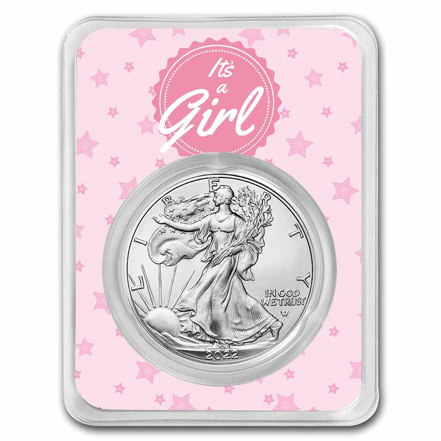2022 1 oz Silver Eagle - w/"It's A Girl", Pink Card, In TEP