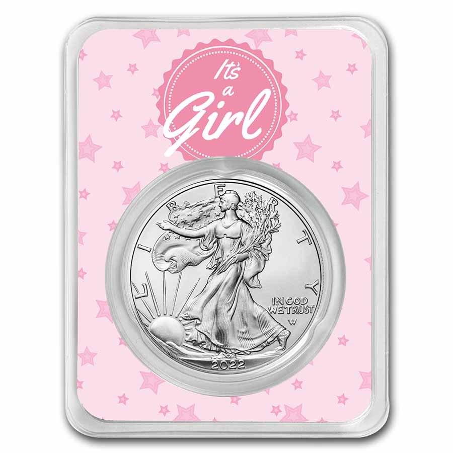 2022 1 oz Silver Eagle - w/"It's A Girl", Pink Card, In TEP