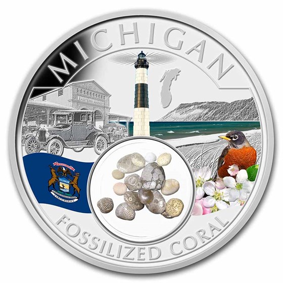 2022 1 oz Silver Treasures Michigan Fossilized Coral (Colorized) 2022 1 oz Silver Treasures Michigan Fossilized Coral (Colorized)
