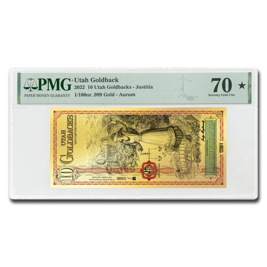 2022 10 Utah Goldback - Aurum Gold Foil Note 24k MS-70 PMG