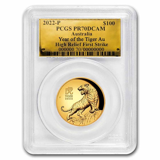 2022 AUS 1 oz Gold Lunar Tiger HR PR-70 PCGS (FS, Gold Label) 2022 AUS 1 oz Gold Lunar Tiger HR PR-70 PCGS (FS, Gold Label)