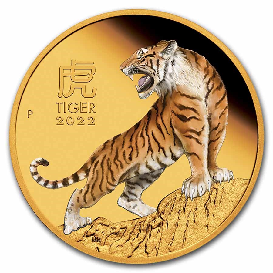 2022 Australia 1 oz Gold Lunar Tiger Proof (Colorized, Box & COA)