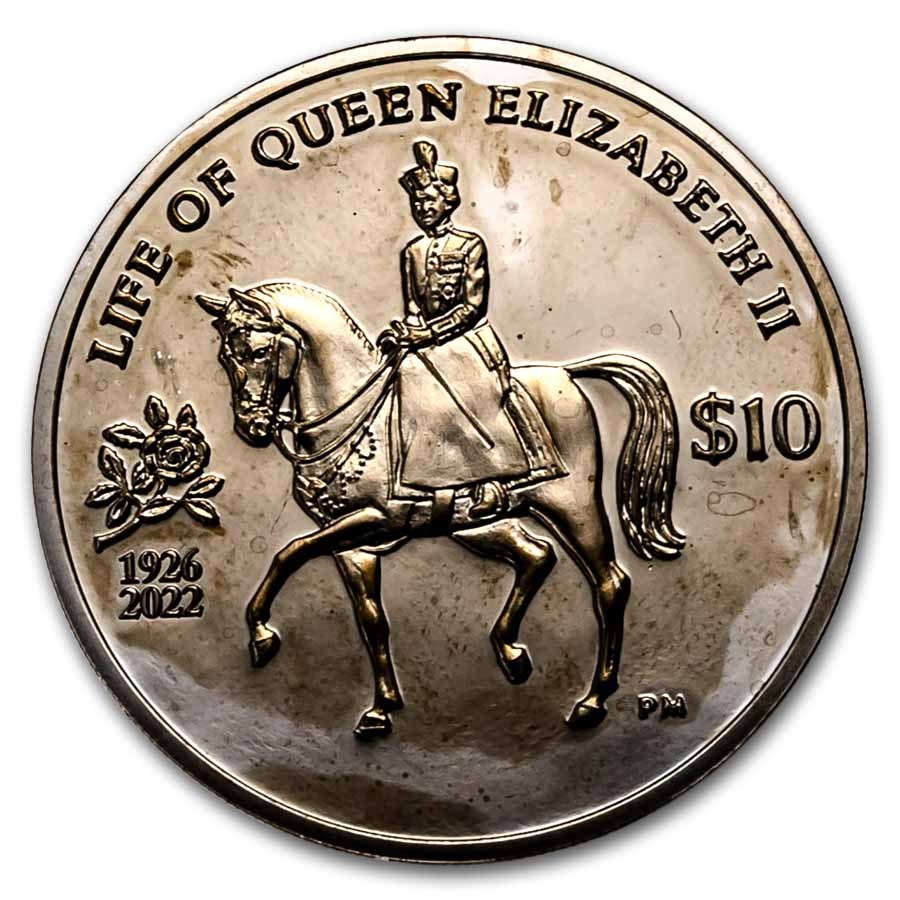 2022 BVI 1 oz Ag Proof $10 Queen Elizabeth II Pearl Black (spots)