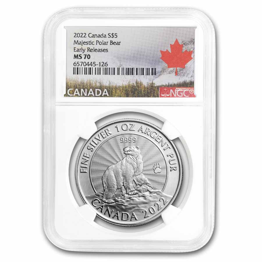 メイプルリーフ銀貨 1オンス　2022年 NGC MS70 カナダ フラッグコア 2022-canada-1-oz-5-silver-the-