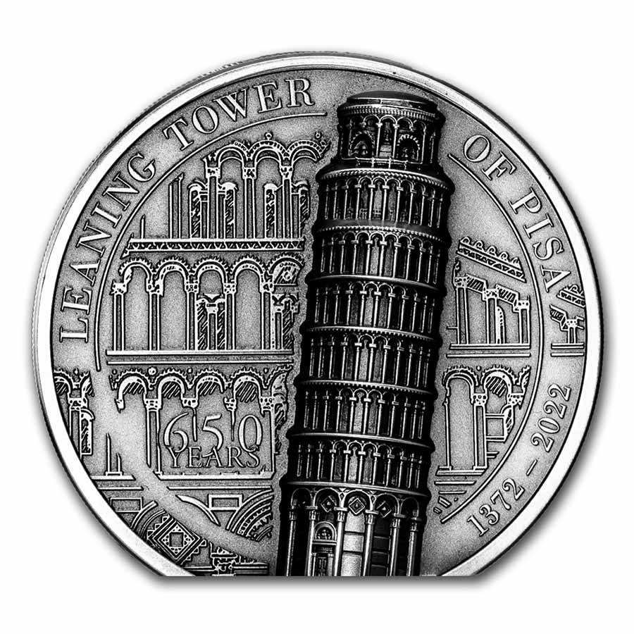 2022 Cook Islands 2 oz Silver Antique Leaning Tower of Pisa