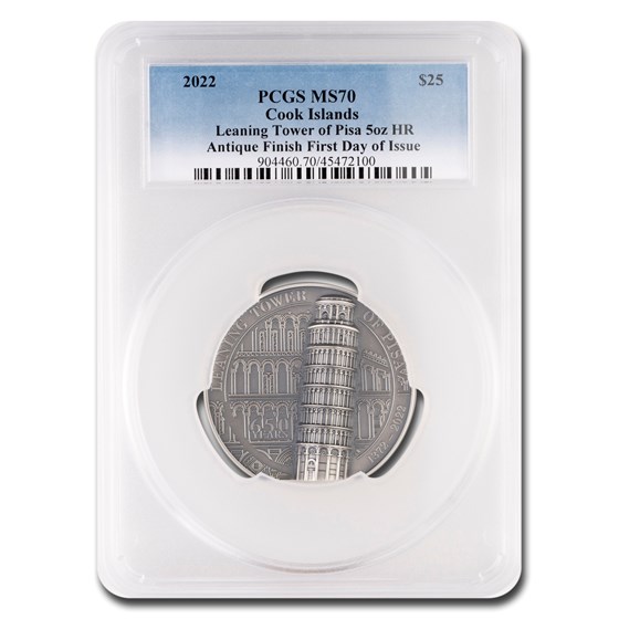 2022 Cook Islands 5 oz Silver Leaning Tower Pisa MS-70 PCGS (FDI) 2022 Cook Islands 5 oz Silver Leaning Tower Pisa MS-70 PCGS (FDI)