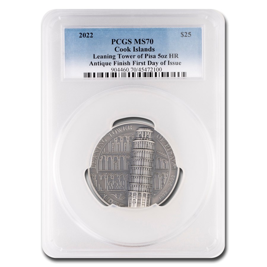 2022 Cook Islands 5 oz Silver Leaning Tower Pisa MS-70 PCGS (FDI)