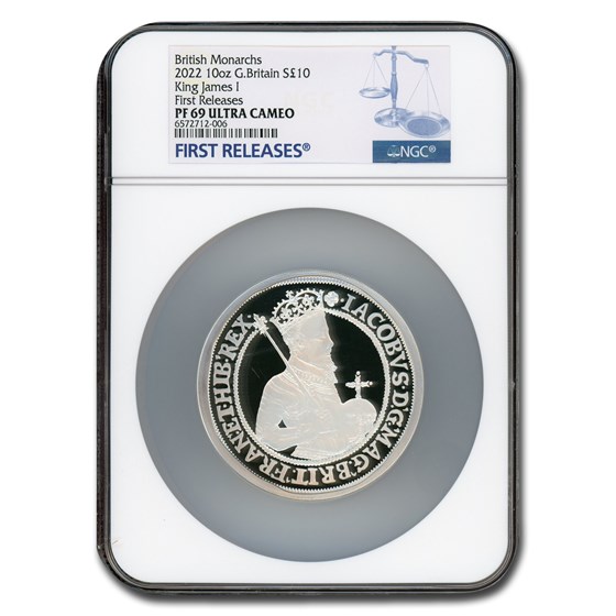 2022 England 10 oz Silver 10 Pounds James I PF-69 UCAM NGC (FR) 2022 England 10 oz Silver 10 Pounds James I PF-69 UCAM NGC (FR)