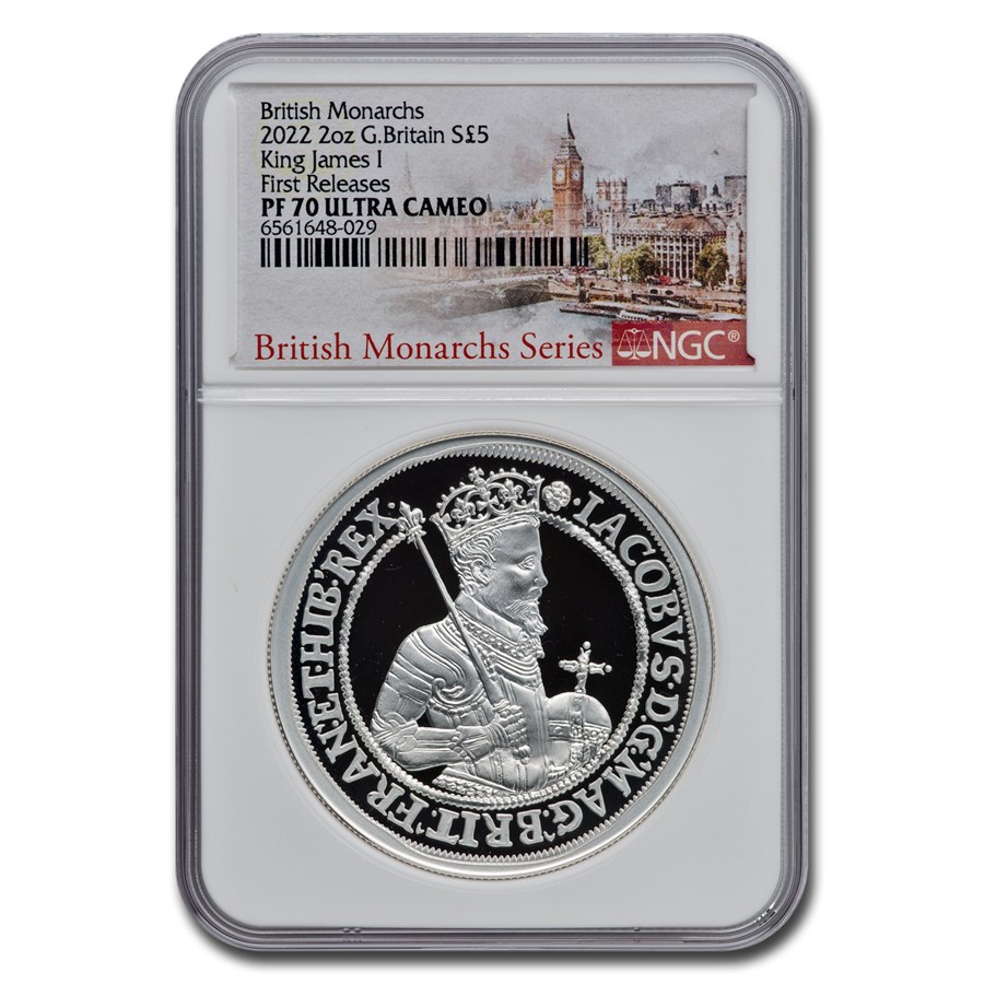 2022 England 2 oz Silver 5 Pounds James I PF-70 UCAM NGC (FR)