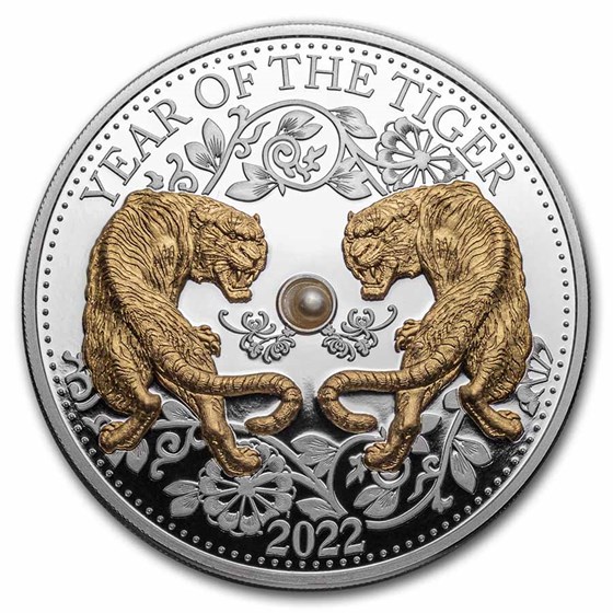 2022 Fiji 1 oz Silver Year of the Tiger Proof Gold Gilded w/Pearl