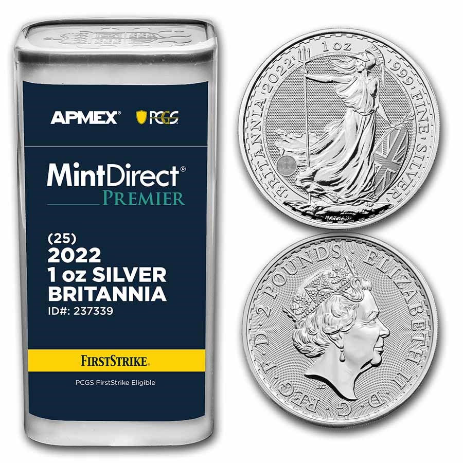2022 GB 1 oz Ag Britannia (25-Coin MD Premier® Tube + PCGS FS®)
