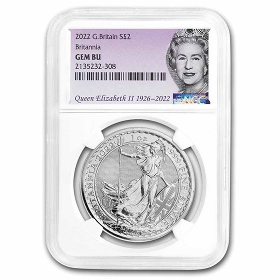 2022 GB 1 oz Silver Britannia NGC-GEM BU (Memorial Label) Spotted 2022 GB 1 oz Silver Britannia NGC-GEM BU (Memorial Label) Spotted