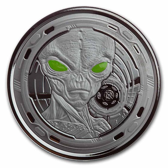 2022 Ghana 1 oz Silver 5 Cedi Space Alien Colorized Black Rhodium