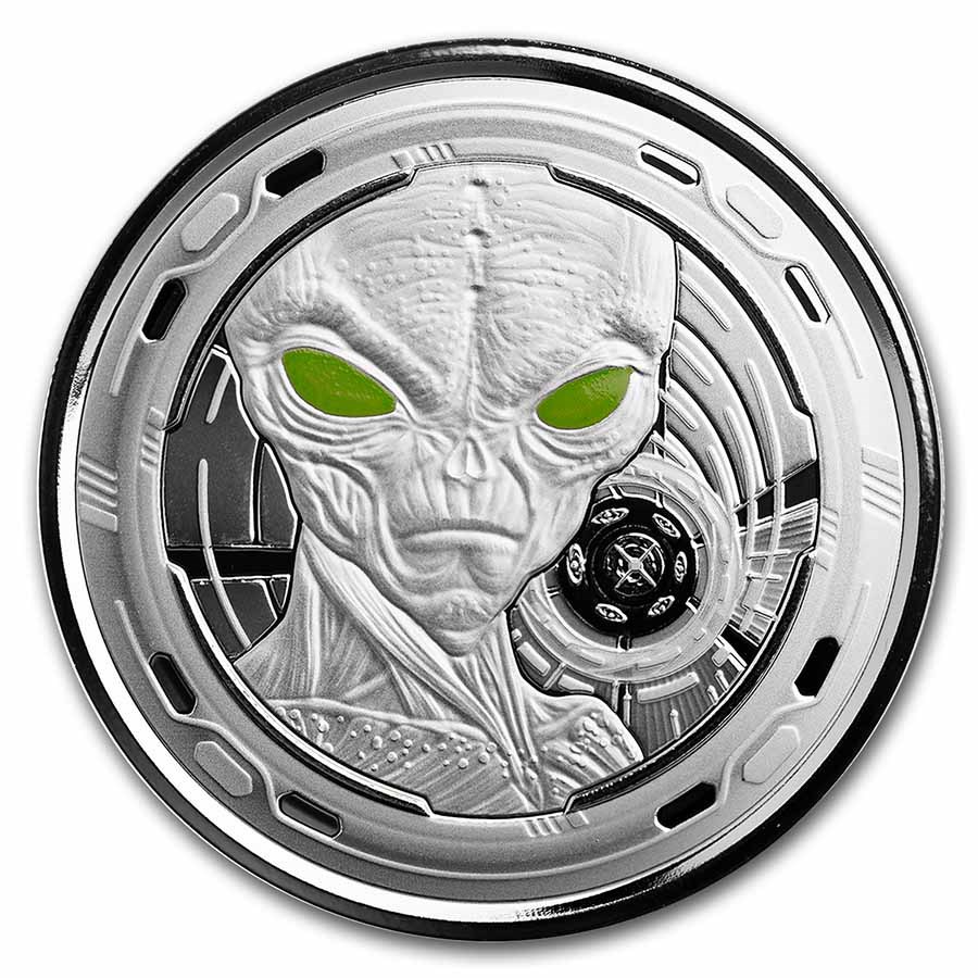 2022 Ghana 1 oz Silver 5 Cedis Space Alien Colorized Proof