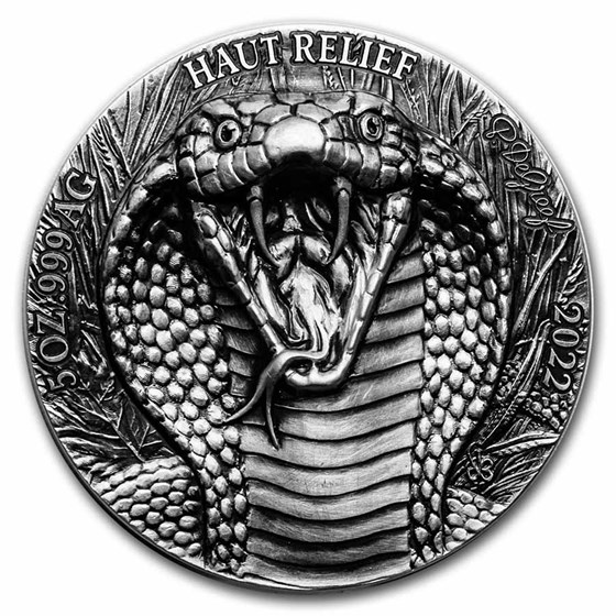 2022 Ivory Coast 5 oz Antique Silver Big Five Asia: King Cobra 2022 Ivory Coast 5 oz Antique Silver Big Five Asia: King Cobra