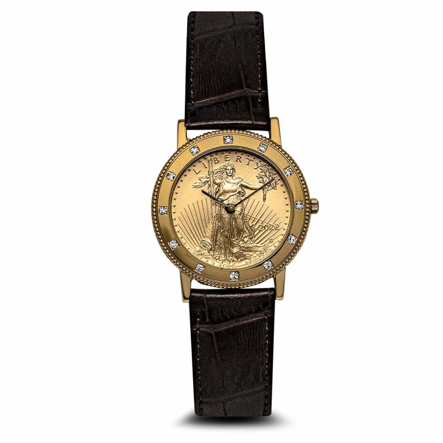 2022 Men's 1/2 oz Gold Liberty w/ Diamonds Leather Band Watch