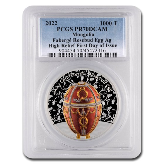 2022 Mongolia 2 oz Silver Faberge Egg Rosebud PR-70 PCGS (FDI) 2022 Mongolia 2 oz Silver Faberge Egg Rosebud PR-70 PCGS (FDI)