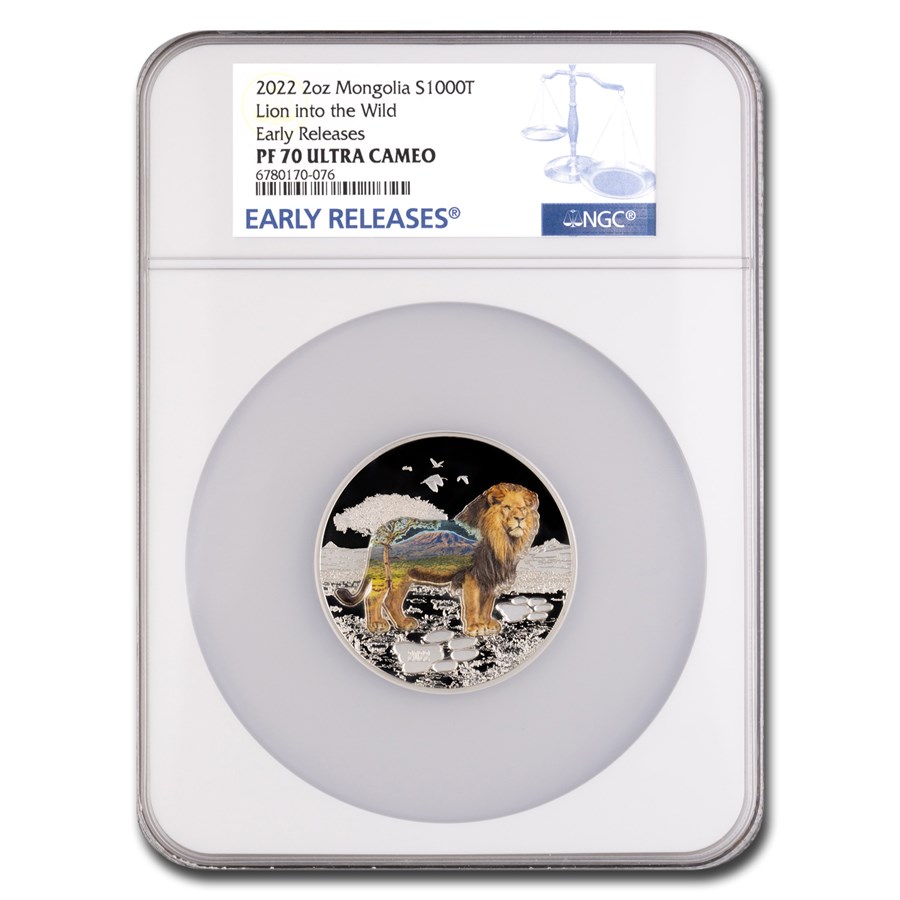 2022 Mongolia 2 oz Silver Into Wild: Lion PR-70 DCAM NGC (ER)