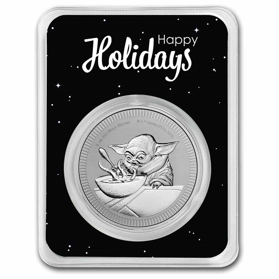 2022 Niue 1 oz Ag $2 Grogu Baby Yoda in Serialized Christmas TEP