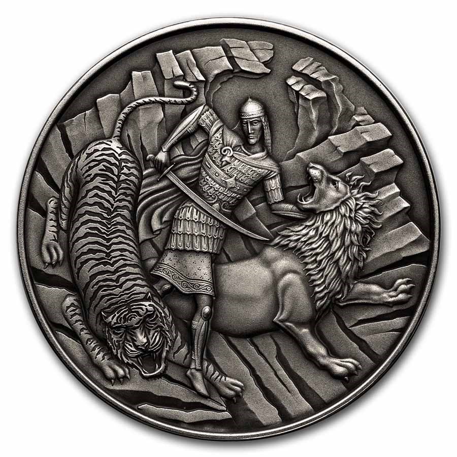 2022 Niue 1 oz Antique Silver Tariel Fighting the Wild Beasts