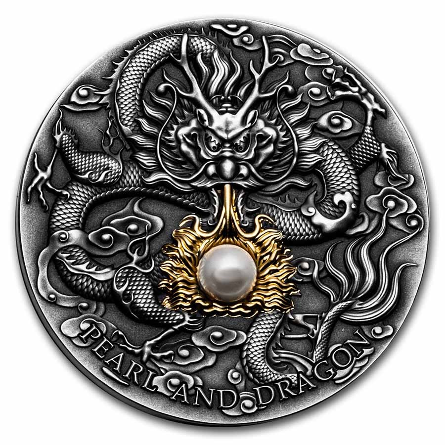 2022 Niue 2 oz Silver Antique Divine Pearls: Pearl and Dragon