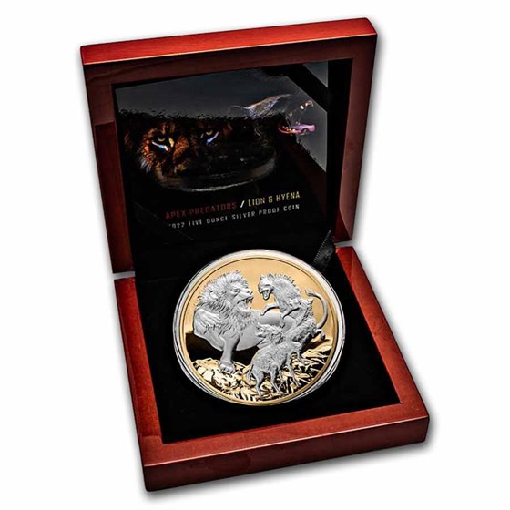 2022 Niue 5 oz Silver Apex Predators: Lion vs Hyenas (Abrasion)