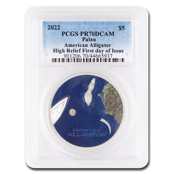2022 Palau 1 oz Silver $5 American Alligator UHR PR-70 PCGS (FDI) 2022 Palau 1 oz Silver $5 American Alligator UHR PR-70 PCGS (FDI)