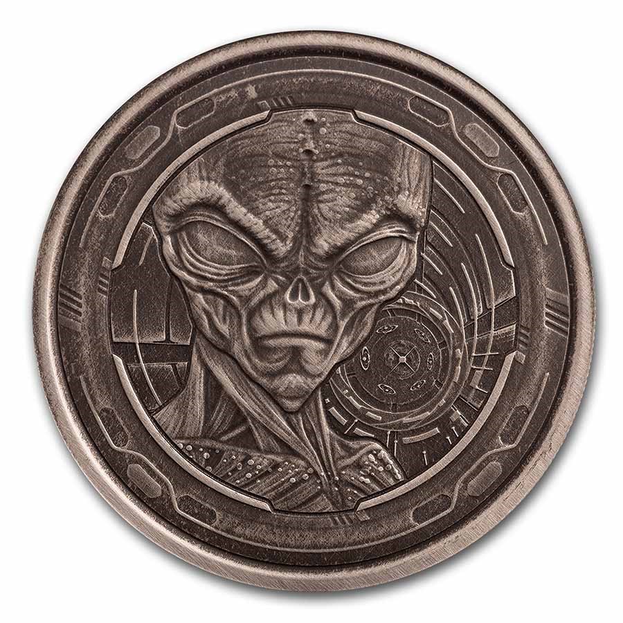 2022 Republic of Ghana 1 oz Silver 5 Cedis Space Alien Antique