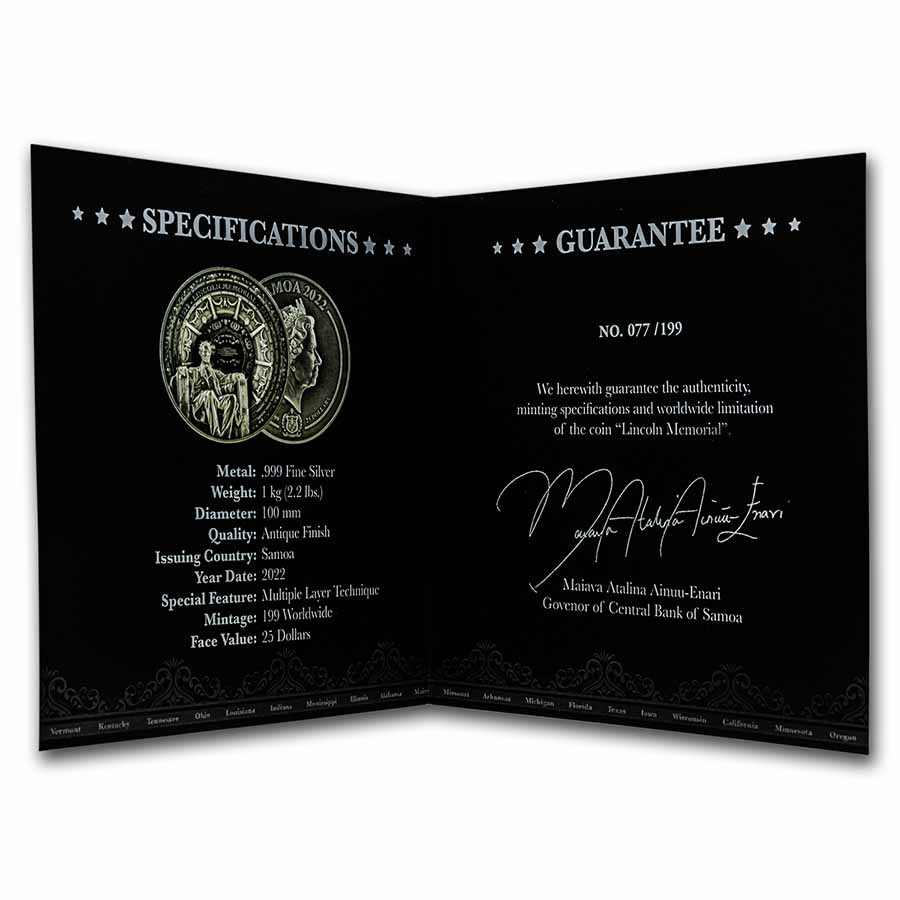 Buy 2022 Samoa 1 kilo Silver Lincoln Memorial Multiple Layer Coin