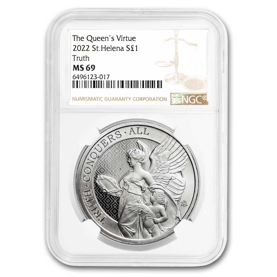 2022 St. Helena 1 oz Silver £1 Queen's Virtues Truth MS-69 NGC