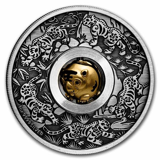 2022 Tuvalu 1 oz Silver Year of the Tiger Rotating Charm Antiqued
