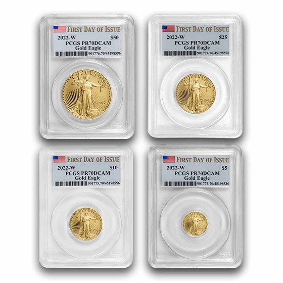 2022-W 4-Coin Proof Gold Eagle Set PR-70 PCGS (First Day) 2022-W 4-Coin Proof Gold Eagle Set PR-70 PCGS (First Day)