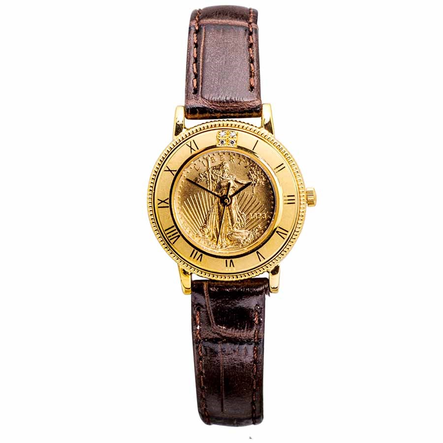 2023 1/10 oz Gold American Eagle Leather Band Watch w/ Diamonds
