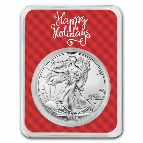 2023 1 oz American Silver Eagle - w/Plaid Happy Holidays Card