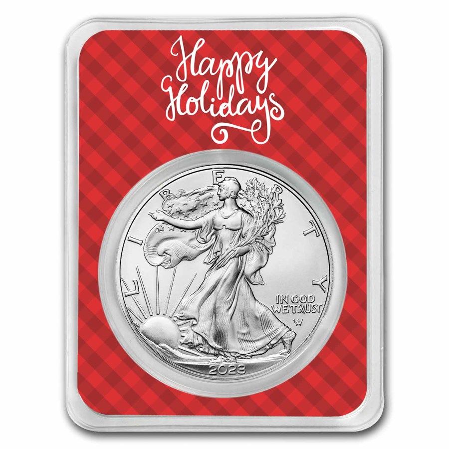 2023 1 oz American Silver Eagle - w/Plaid Happy Holidays Card