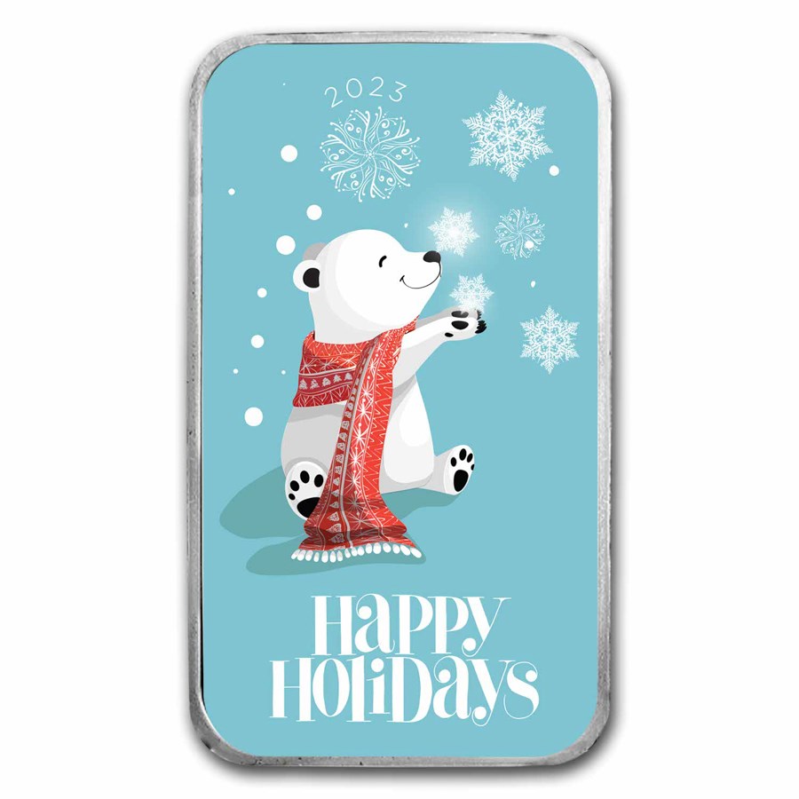 2023 1 oz Silver Colorized Bar - Happy Holidays, Polar Bear