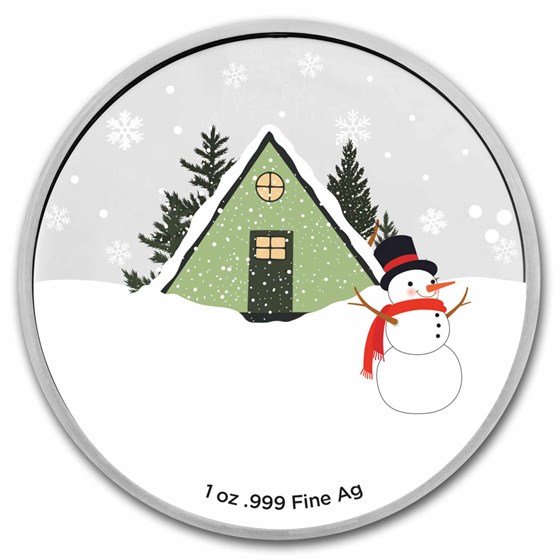 2023 1 oz Silver Colorized Round - Cottage/Snowman in Snowglobe