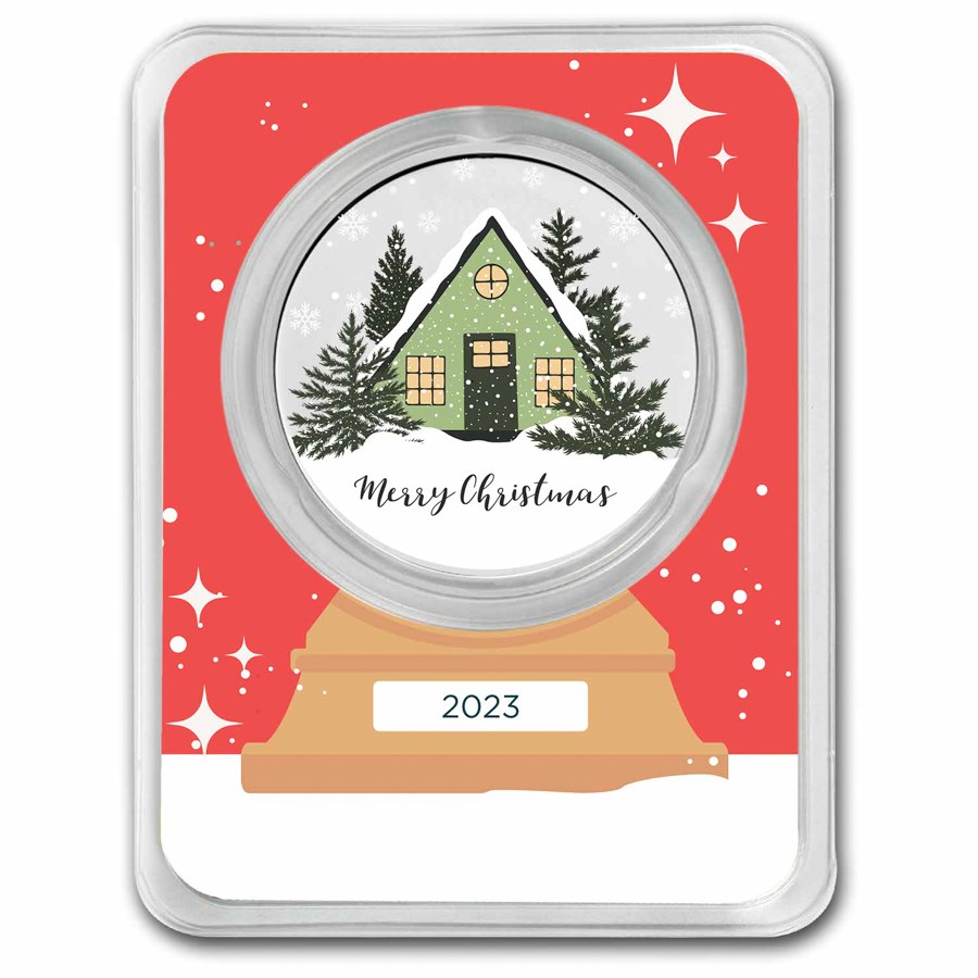 2023 1 oz Silver Colorized Round - Cottage/Snowman in Snowglobe