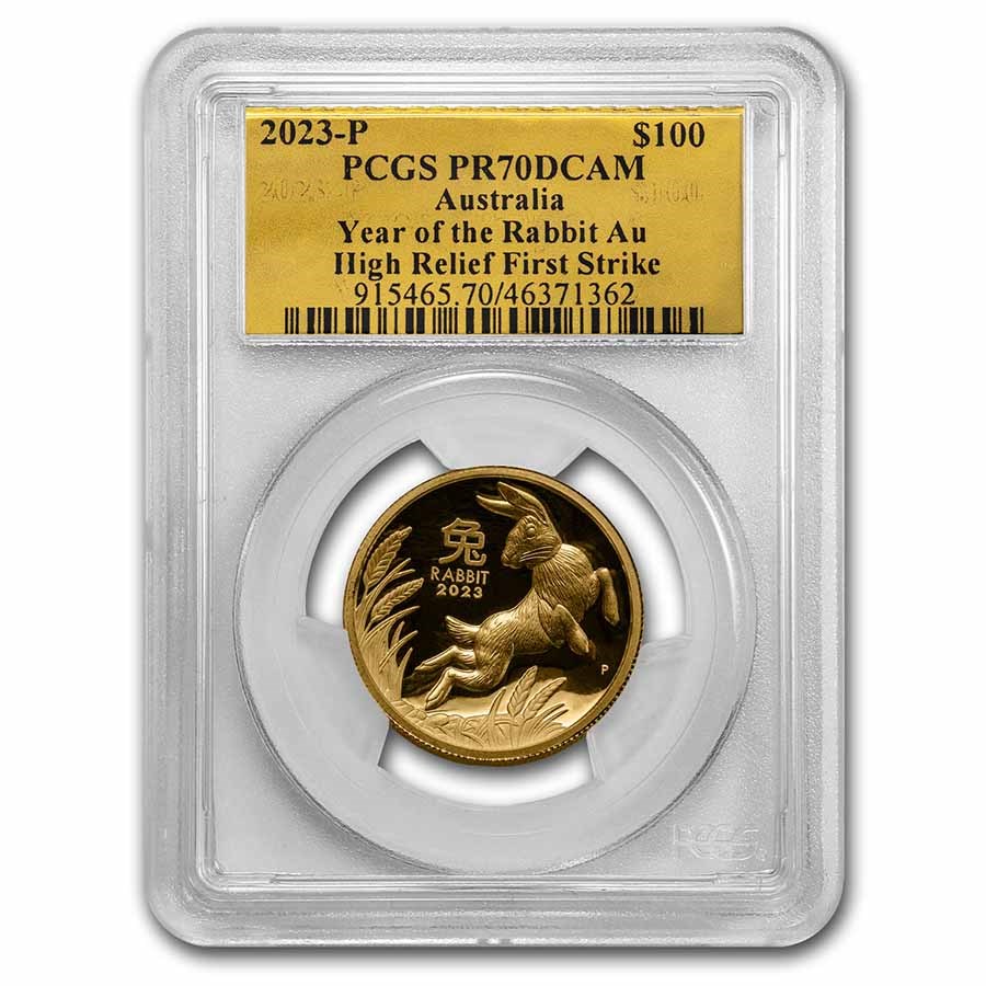 2023 AUS 1 oz Gold Lunar Rabbit HR PR-70 PCGS (FS, Gold Label)