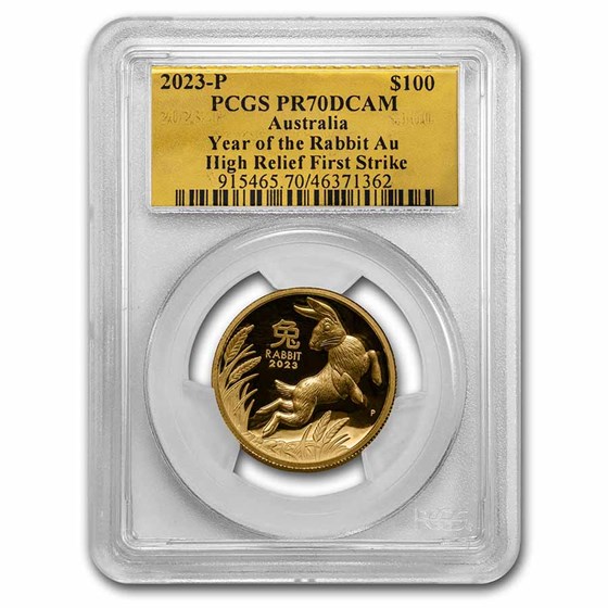 2023 AUS 1 oz Gold Lunar Rabbit HR PR-70 PCGS (FS, Gold Label) 2023 AUS 1 oz Gold Lunar Rabbit HR PR-70 PCGS (FS, Gold Label)