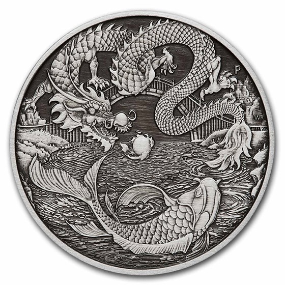 2023 AUS 1 oz Silver Antiqued Myths & Legends Dragon & Koi (Cap) 2023 AUS 1 oz Silver Antiqued Myths & Legends Dragon & Koi (Cap)
