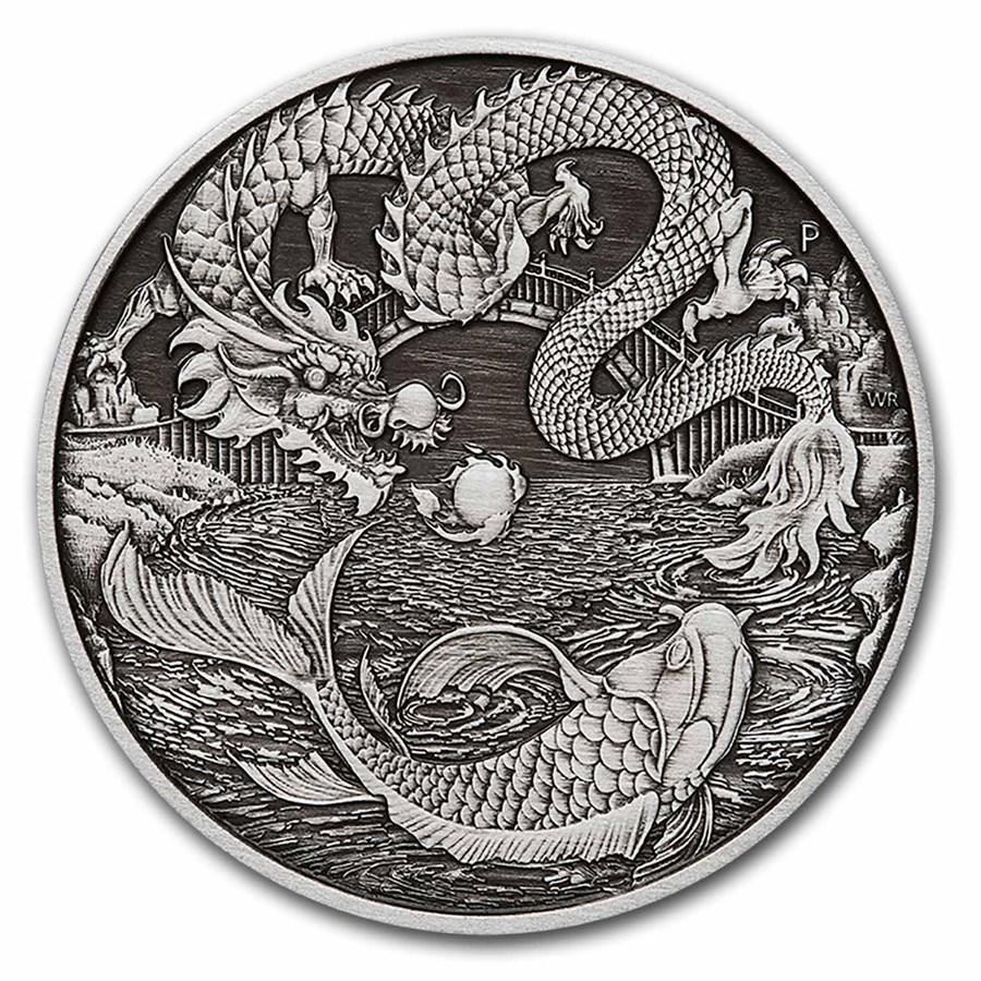 2023 AUS 1 oz Silver Dragon & Koi Antiqued BU (Display Card)