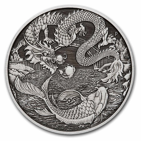 2023 AUS 1 oz Silver Dragon & Koi Antiqued BU (Display Card) 2023 AUS 1 oz Silver Dragon & Koi Antiqued BU (Display Card)